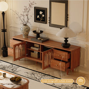 70'' Solid Wood TV Stand Cabinet Arched Glass Doors Multi Drawer Design Warm Cherry Finish